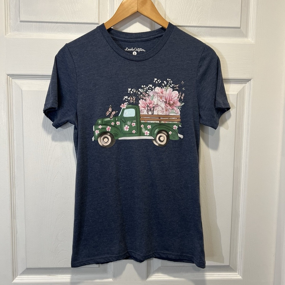 Lincoln Outfitters Women's Blue Size S Tee Shirt  Green Truck Pink Flowers